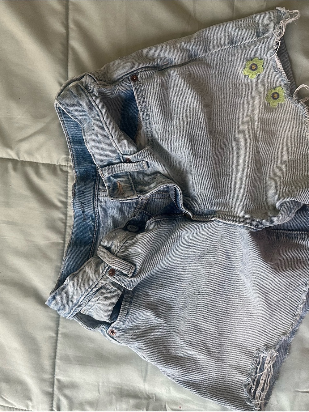 Light Blue Denim Kids' Cutoff Shorts with Green Flower Detail
